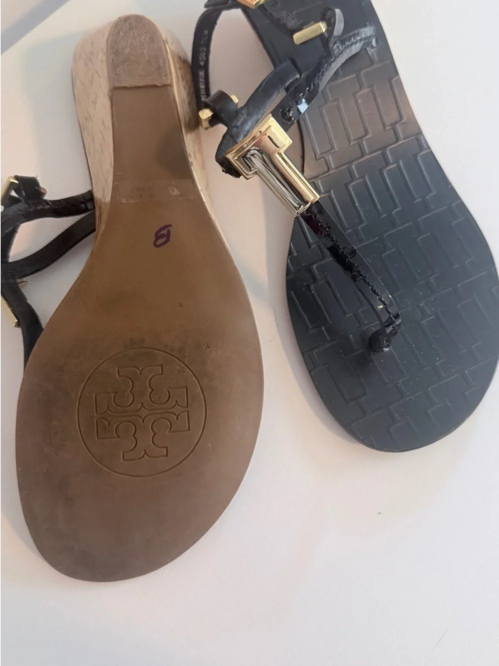 Tory Burch Black and Gold Logo Strap Sandals - Picture 2 of 4